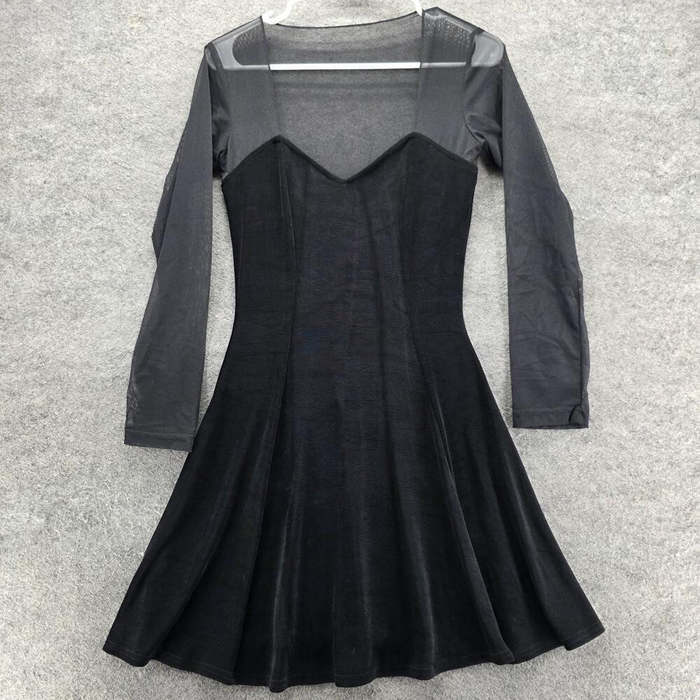 Mitra Modelle Dress Womens Large Black Velvet Mesh Long Sleeve Fit Flare Mini